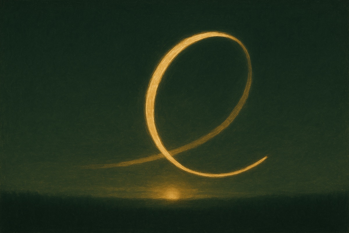 A luminous brass ribbon tracing an open loop over a deep pine field — most of the loop complete, the final arc left unfinished.